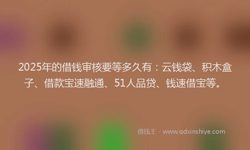 2025年的借钱审核要等多久有：云钱袋、积木盒子、借款宝速融通、51人品贷、钱速借宝等。