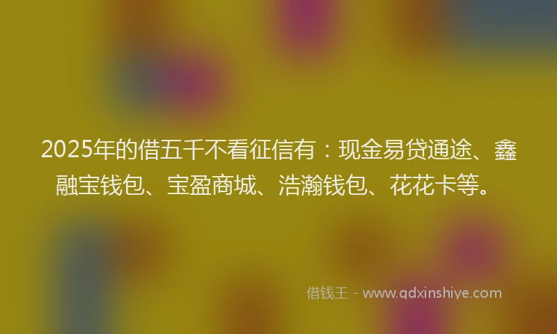 2025年的借五千不看征信有：现金易贷通途、鑫融宝钱包、宝盈商城、浩瀚钱包、花花卡等。