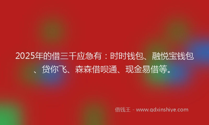 2025年的借三千应急有：时时钱包、融悦宝钱包、贷你飞、森森借呗通、现金易借等。