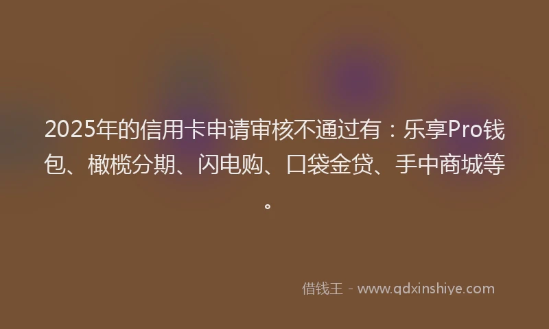 2025年的信用卡申请审核不通过有：乐享Pro钱包、橄榄分期、闪电购、口袋金贷、手中商城等。