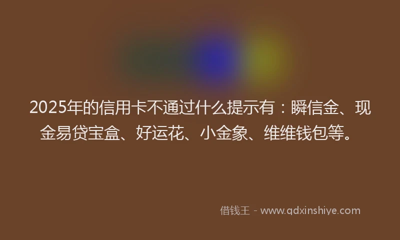2025年的信用卡不通过什么提示有：瞬信金、现金易贷宝盒、好运花、小金象、维维钱包等。