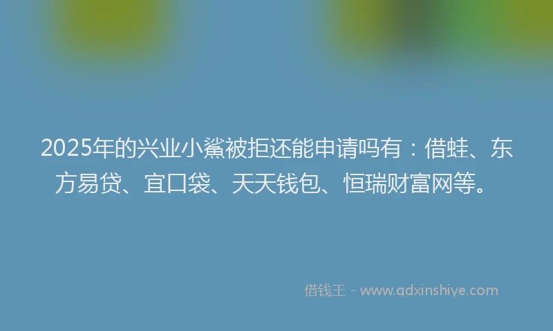 2025年的兴业小鯊被拒还能申请吗有：借蛙、东方易贷、宜口袋、天天钱包、恒瑞财富网等。