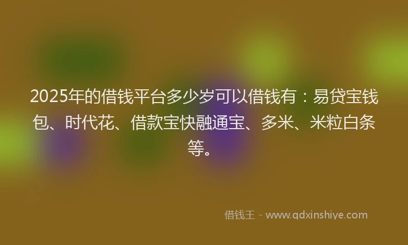 2025年的借钱平台多少岁可以借钱有：易贷宝钱包、时代花、借款宝快融通宝、多米、米粒白条等。