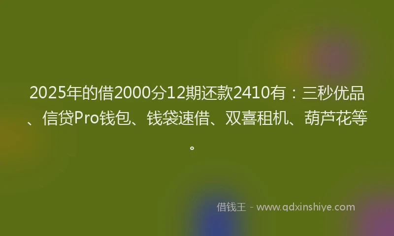 2025年的借2000分12期还款2410有：三秒优品、信贷Pro钱包、钱袋速借、双喜租机、葫芦花等。
