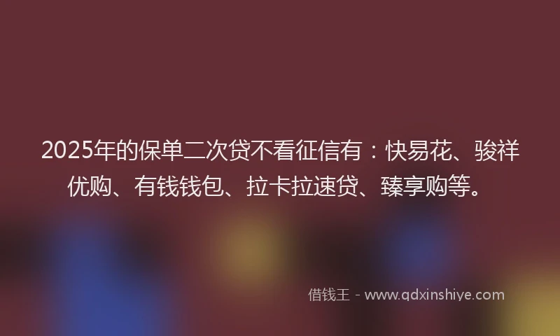 2025年的保单二次贷不看征信有：快易花、骏祥优购、有钱钱包、拉卡拉速贷、臻享购等。