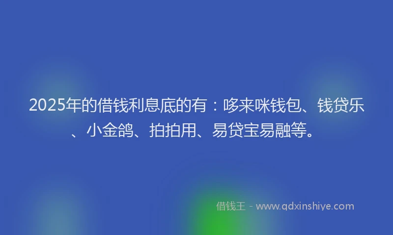 2025年的借钱利息底的有：哆来咪钱包、钱贷乐、小金鸽、拍拍用、易贷宝易融等。