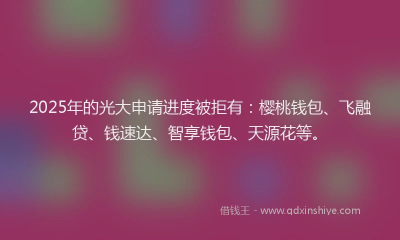 2025年的光大申请进度被拒有：樱桃钱包、飞融贷、钱速达、智享钱包、天源花等。