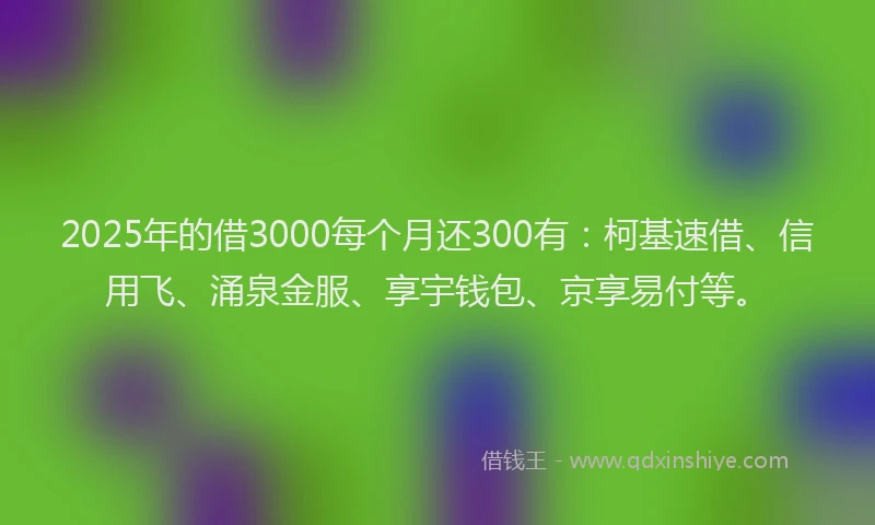 2025年的借3000每个月还300有：柯基速借、信用飞、涌泉金服、享宇钱包、京享易付等。