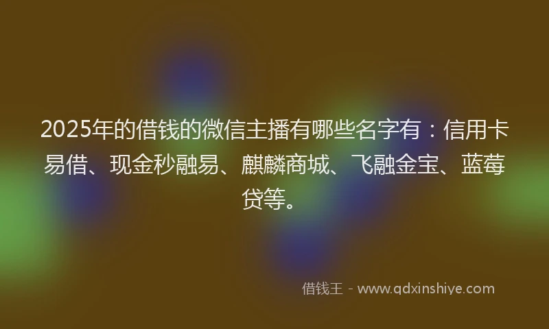 2025年的借钱的微信主播有哪些名字有：信用卡易借、现金秒融易、麒麟商城、飞融金宝、蓝莓贷等。