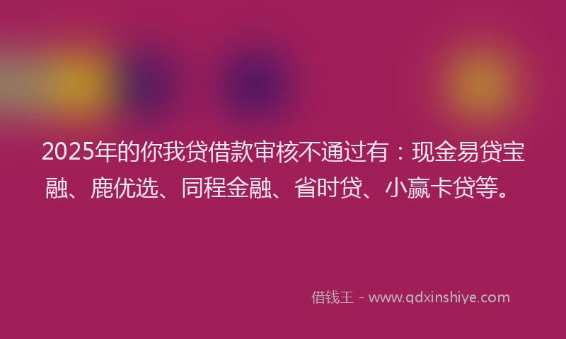 2025年的你我贷借款审核不通过有：现金易贷宝融、鹿优选、同程金融、省时贷、小赢卡贷等。