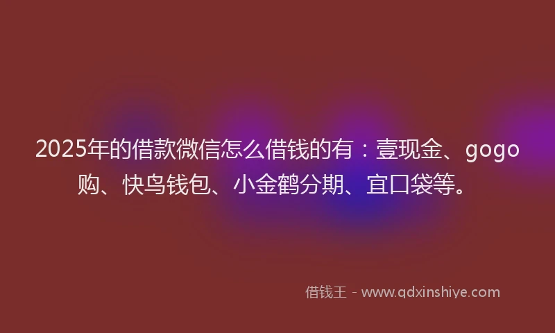 2025年的借款微信怎么借钱的有：壹现金、gogo购、快鸟钱包、小金鹤分期、宜口袋等。