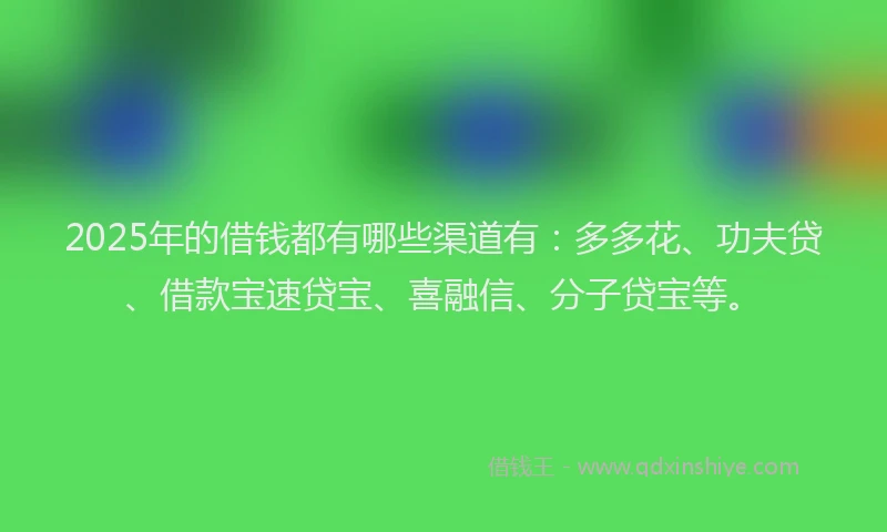 2025年的借钱都有哪些渠道有：多多花、功夫贷、借款宝速贷宝、喜融信、分子贷宝等。