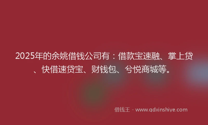 2025年的余姚借钱公司有：借款宝速融、掌上贷、快借速贷宝、财钱包、兮悦商城等。