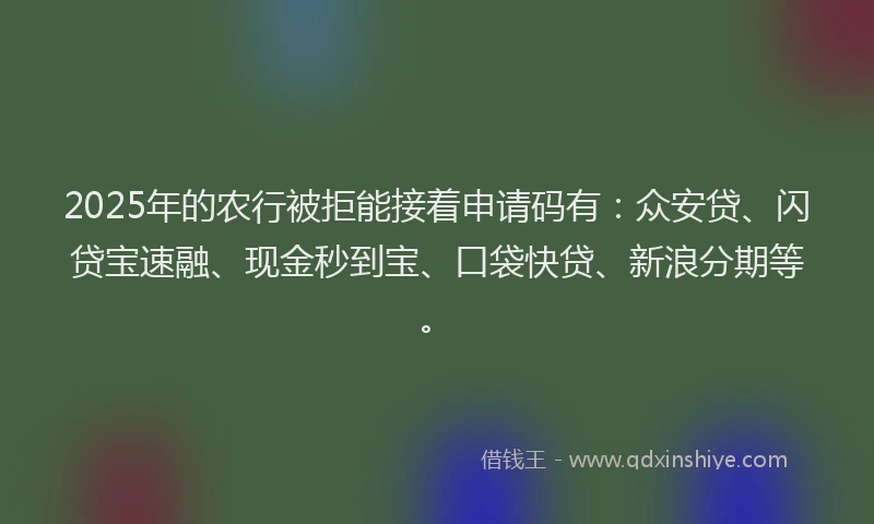 2025年的农行被拒能接着申请码有：众安贷、闪贷宝速融、现金秒到宝、口袋快贷、新浪分期等。