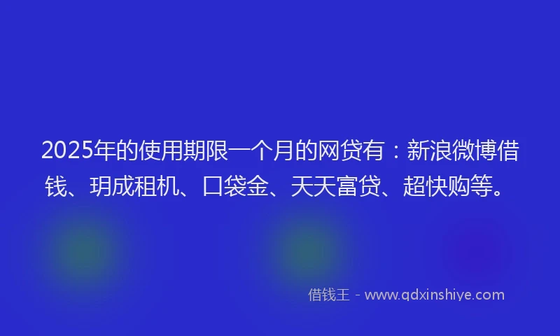 2025年的使用期限一个月的网贷有：新浪微博借钱、玥成租机、口袋金、天天富贷、超快购等。