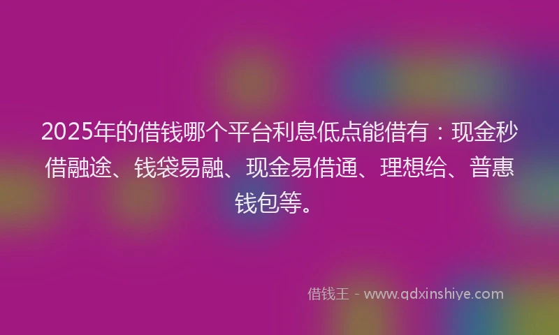2025年的借钱哪个平台利息低点能借有：现金秒借融途、钱袋易融、现金易借通、理想给、普惠钱包等。