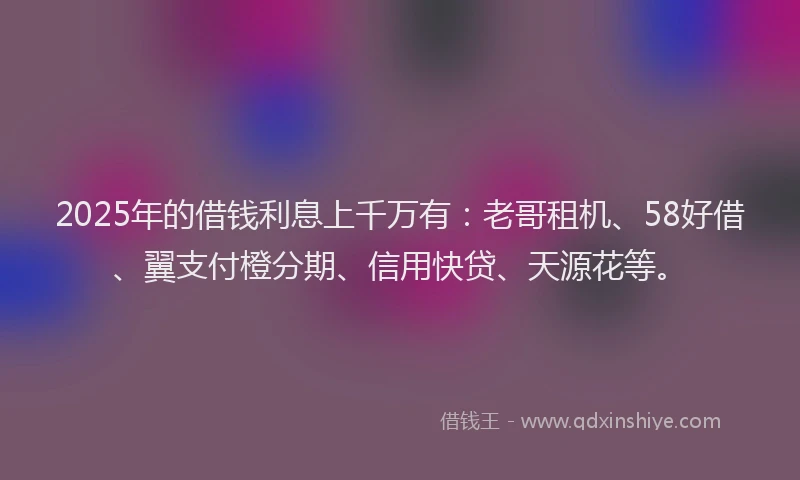 2025年的借钱利息上千万有：老哥租机、58好借、翼支付橙分期、信用快贷、天源花等。