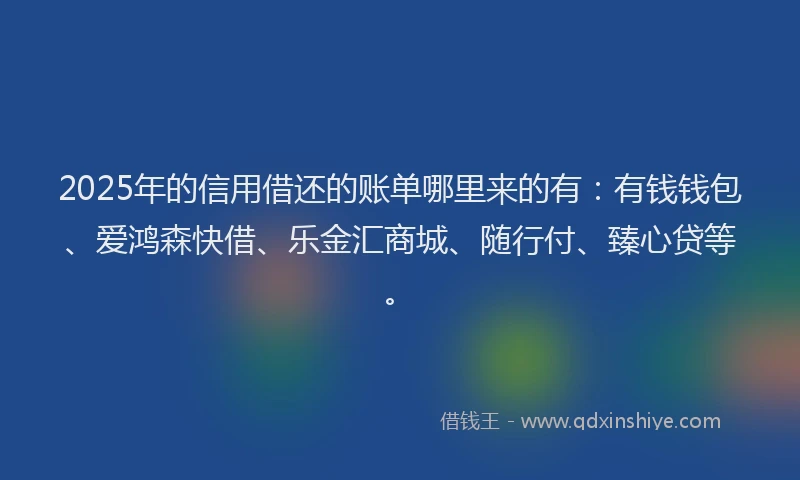 2025年的信用借还的账单哪里来的有：有钱钱包、爱鸿森快借、乐金汇商城、随行付、臻心贷等。