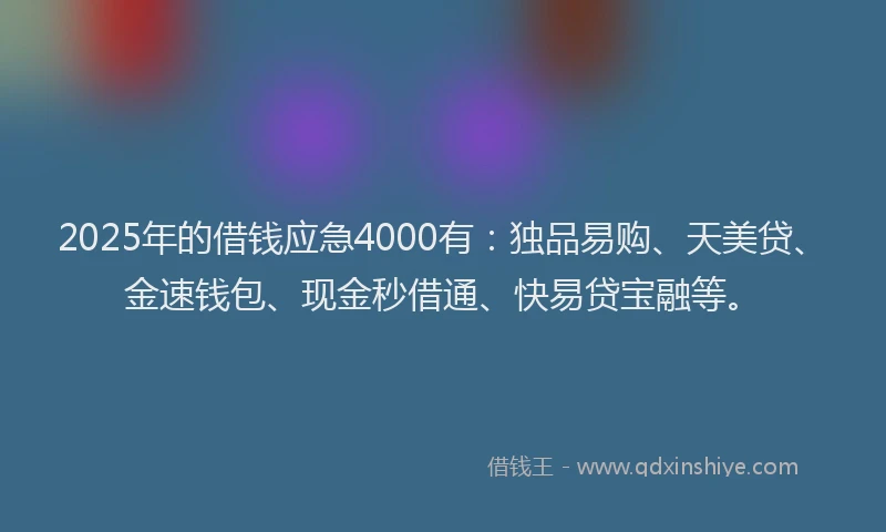2025年的借钱应急4000有：独品易购、天美贷、金速钱包、现金秒借通、快易贷宝融等。