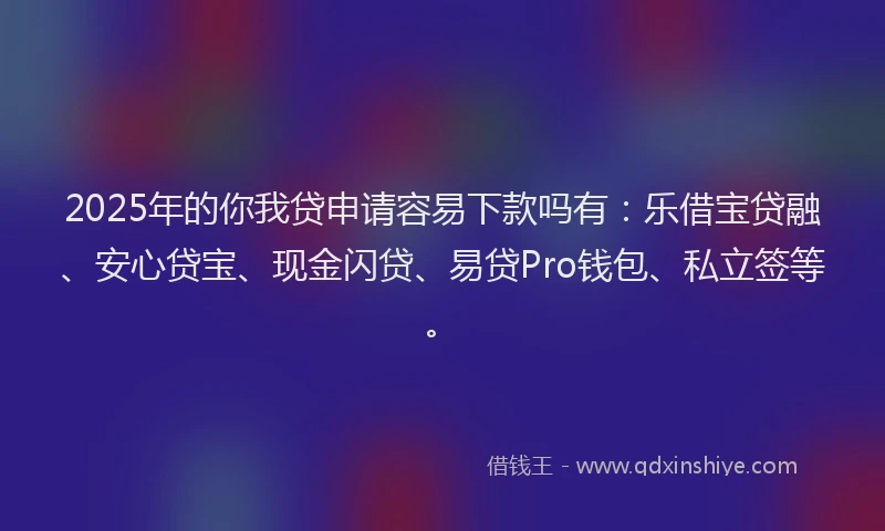 2025年的你我贷申请容易下款吗有：乐借宝贷融、安心贷宝、现金闪贷、易贷Pro钱包、私立签等。
