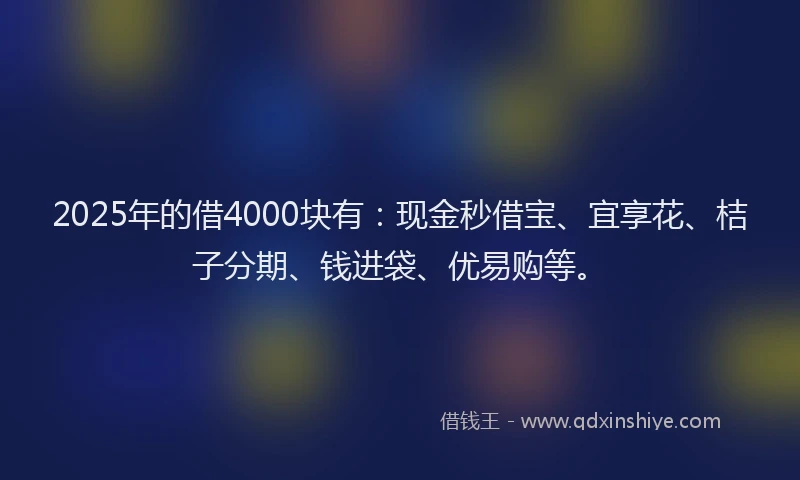 2025年的借4000块有：现金秒借宝、宜享花、桔子分期、钱进袋、优易购等。