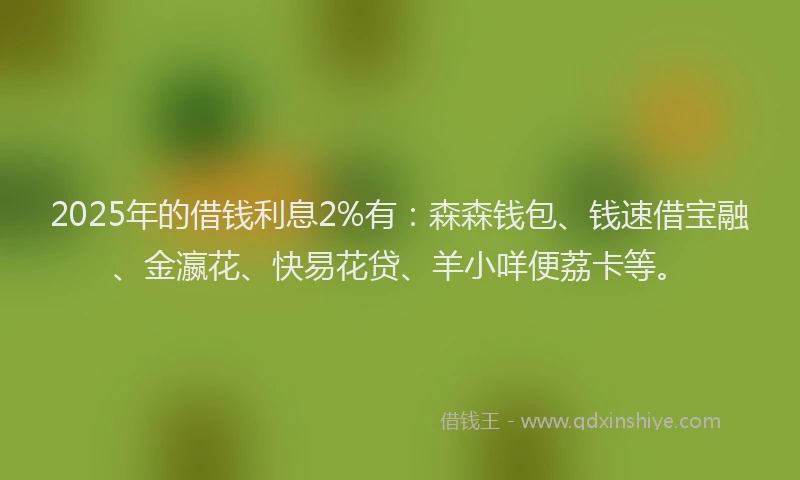 2025年的借钱利息2%有：森森钱包、钱速借宝融、金瀛花、快易花贷、羊小咩便荔卡等。