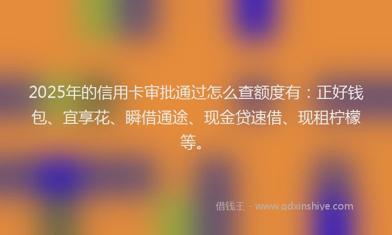 2025年的信用卡审批通过怎么查额度有：正好钱包、宜享花、瞬借通途、现金贷速借、现租柠檬等。