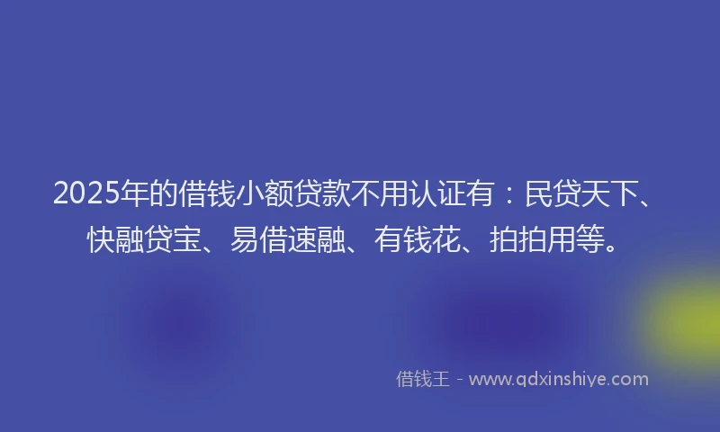 2025年的借钱小额贷款不用认证有：民贷天下、快融贷宝、易借速融、有钱花、拍拍用等。