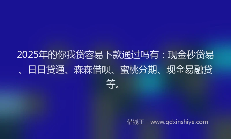 2025年的你我贷容易下款通过吗有：现金秒贷易、日日贷通、森森借呗、蜜桃分期、现金易融贷等。