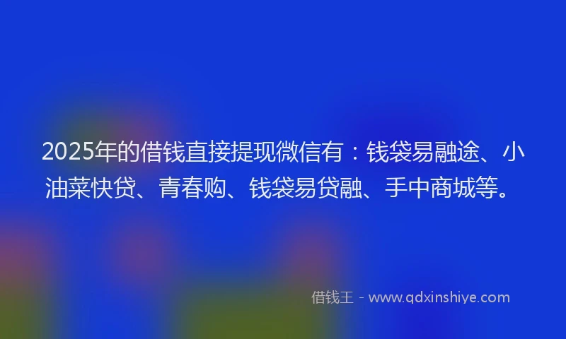 2025年的借钱直接提现微信有：钱袋易融途、小油菜快贷、青春购、钱袋易贷融、手中商城等。