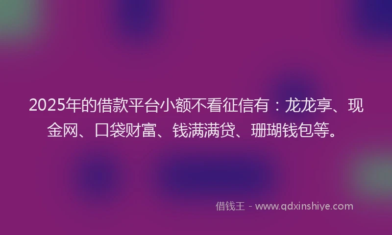 2025年的借款平台小额不看征信有：龙龙享、现金网、口袋财富、钱满满贷、珊瑚钱包等。