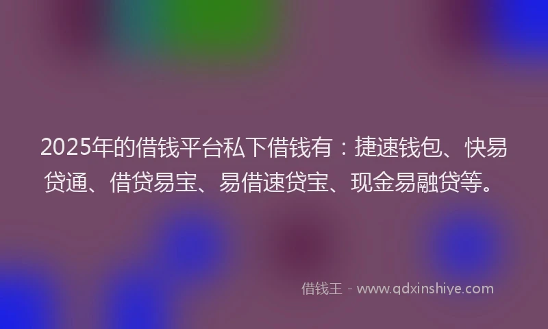 2025年的借钱平台私下借钱有：捷速钱包、快易贷通、借贷易宝、易借速贷宝、现金易融贷等。