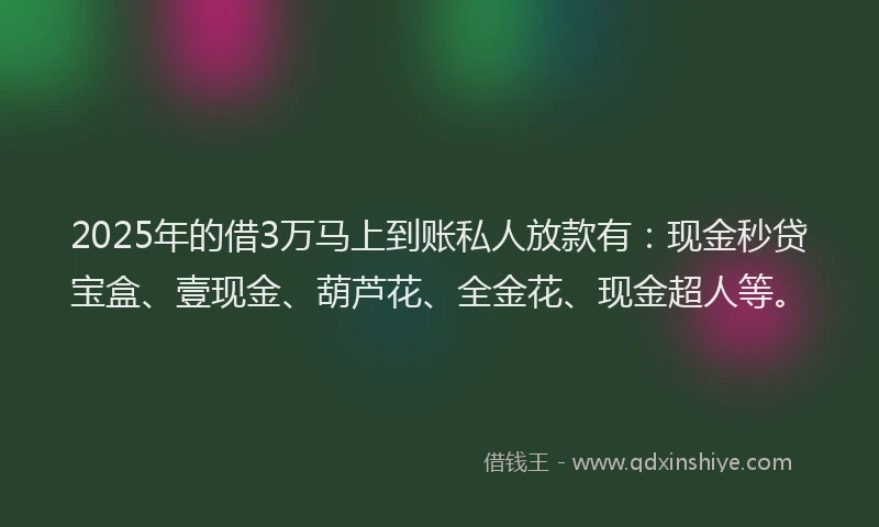2025年的借3万马上到账私人放款有：现金秒贷宝盒、壹现金、葫芦花、全金花、现金超人等。
