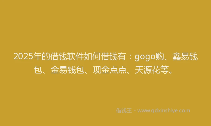 2025年的借钱软件如何借钱有：gogo购、鑫易钱包、金易钱包、现金点点、天源花等。