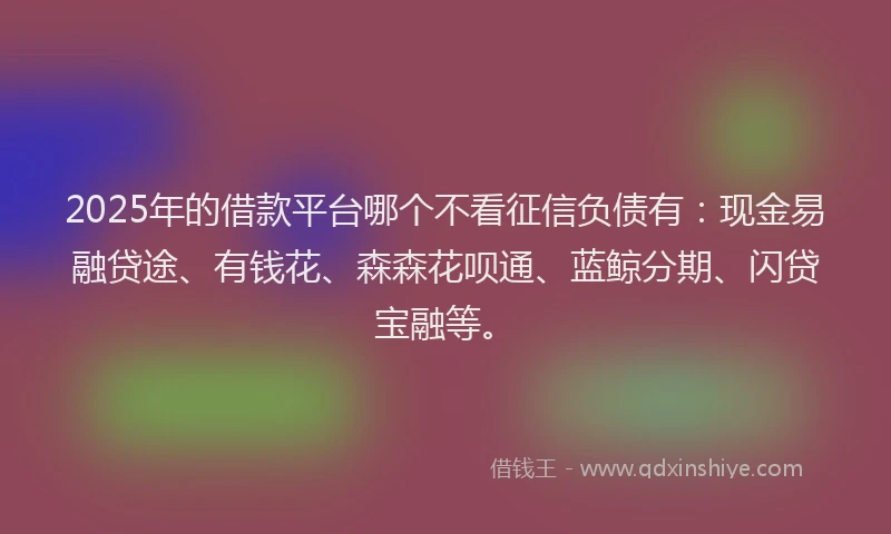 2025年的借款平台哪个不看征信负债有：现金易融贷途、有钱花、森森花呗通、蓝鲸分期、闪贷宝融等。