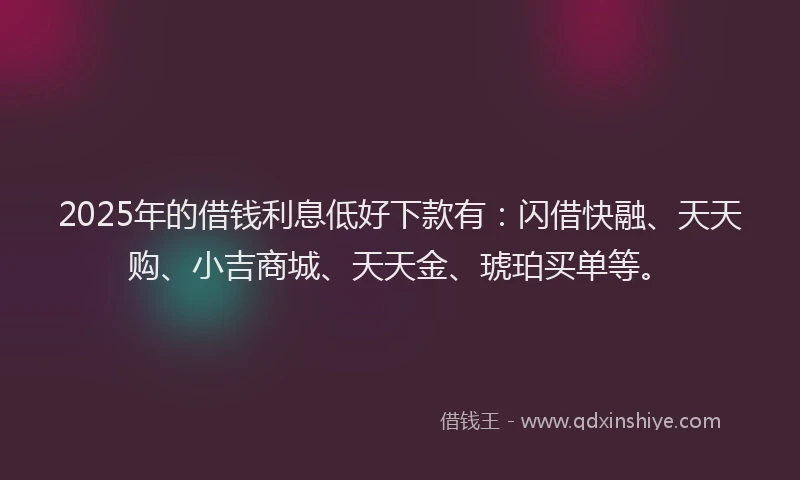 2025年的借钱利息低好下款有：闪借快融、天天购、小吉商城、天天金、琥珀买单等。