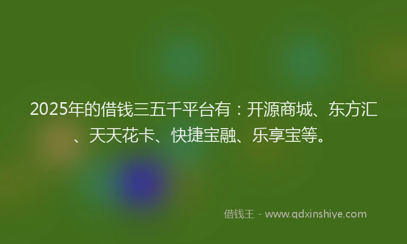 2025年的借钱三五千平台有：开源商城、东方汇、天天花卡、快捷宝融、乐享宝等。