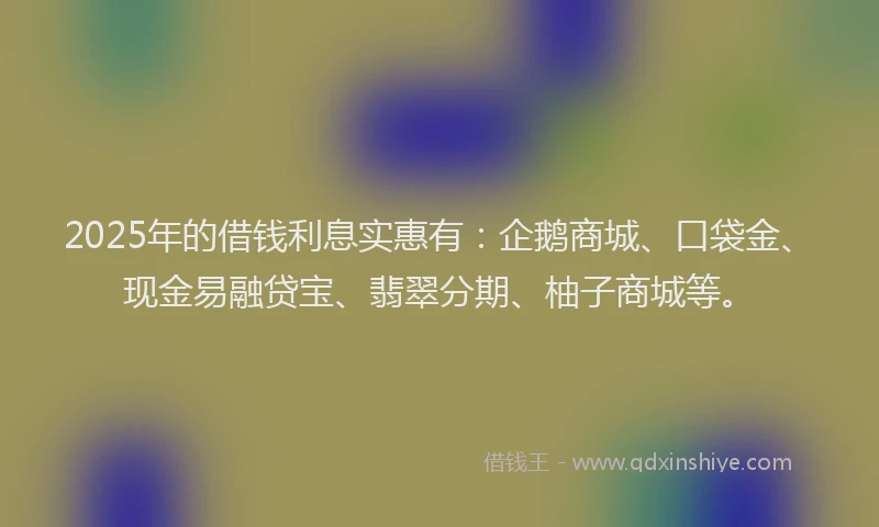 2025年的借钱利息实惠有：企鹅商城、口袋金、现金易融贷宝、翡翠分期、柚子商城等。