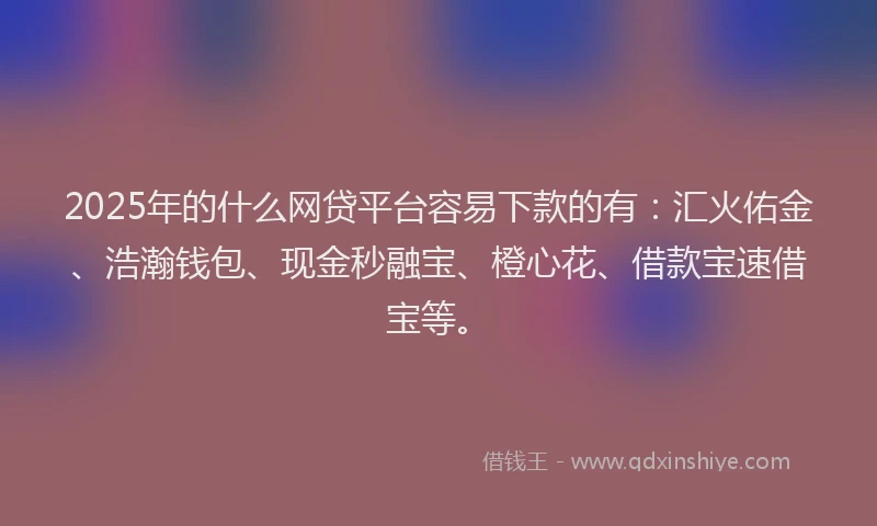 2025年的什么网贷平台容易下款的有：汇火佑金、浩瀚钱包、现金秒融宝、橙心花、借款宝速借宝等。