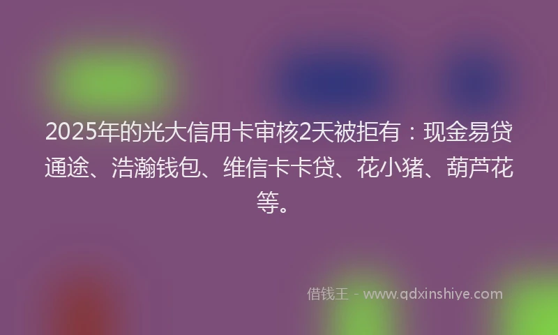 2025年的光大信用卡审核2天被拒有：现金易贷通途、浩瀚钱包、维信卡卡贷、花小猪、葫芦花等。