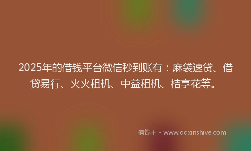 2025年的借钱平台微信秒到账有：麻袋速贷、借贷易行、火火租机、中益租机、桔享花等。