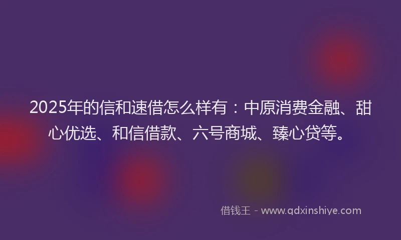 2025年的信和速借怎么样有：中原消费金融、甜心优选、和信借款、六号商城、臻心贷等。