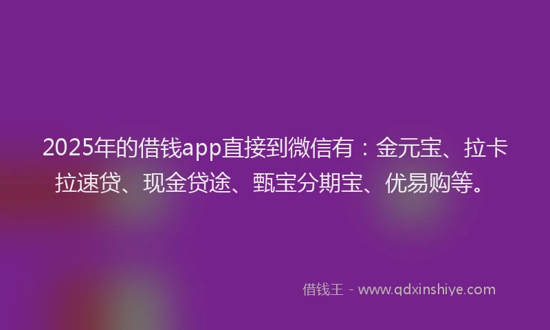 2025年的借钱app直接到微信有：金元宝、拉卡拉速贷、现金贷途、甄宝分期宝、优易购等。