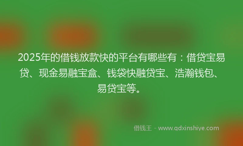 2025年的借钱放款快的平台有哪些有：借贷宝易贷、现金易融宝盒、钱袋快融贷宝、浩瀚钱包、易贷宝等。