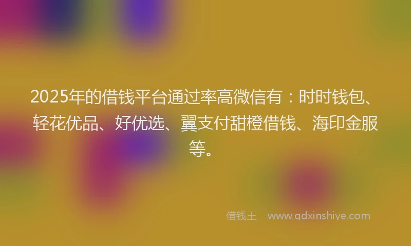 2025年的借钱平台通过率高微信有：时时钱包、轻花优品、好优选、翼支付甜橙借钱、海印金服等。