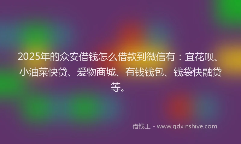 2025年的众安借钱怎么借款到微信有：宜花呗、小油菜快贷、爱物商城、有钱钱包、钱袋快融贷等。