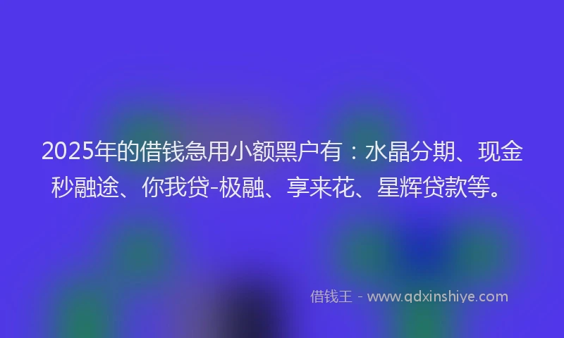2025年的借钱急用小额黑户有：水晶分期、现金秒融途、你我贷-极融、享来花、星辉贷款等。
