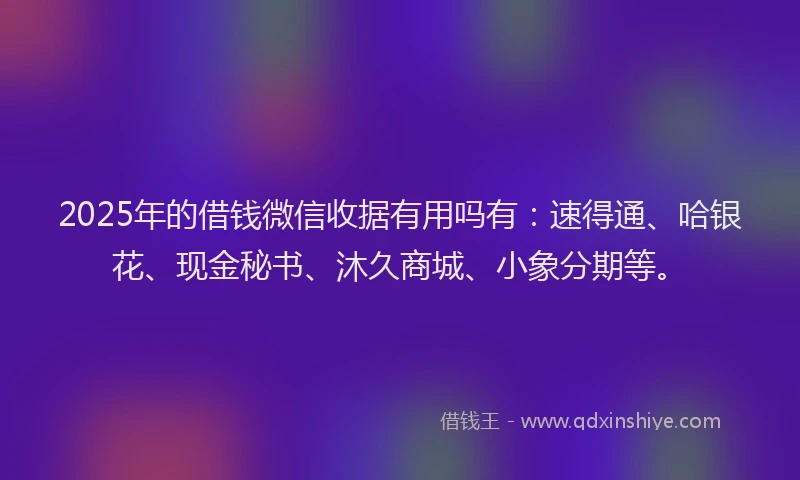 2025年的借钱微信收据有用吗有：速得通、哈银花、现金秘书、沐久商城、小象分期等。