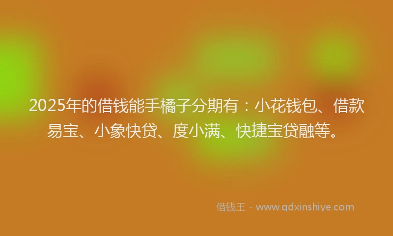 2025年的借钱能手橘子分期有：小花钱包、借款易宝、小象快贷、度小满、快捷宝贷融等。
