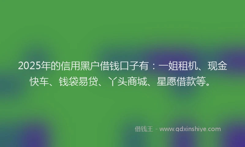 2025年的信用黑户借钱口子有：一姐租机、现金快车、钱袋易贷、丫头商城、星愿借款等。